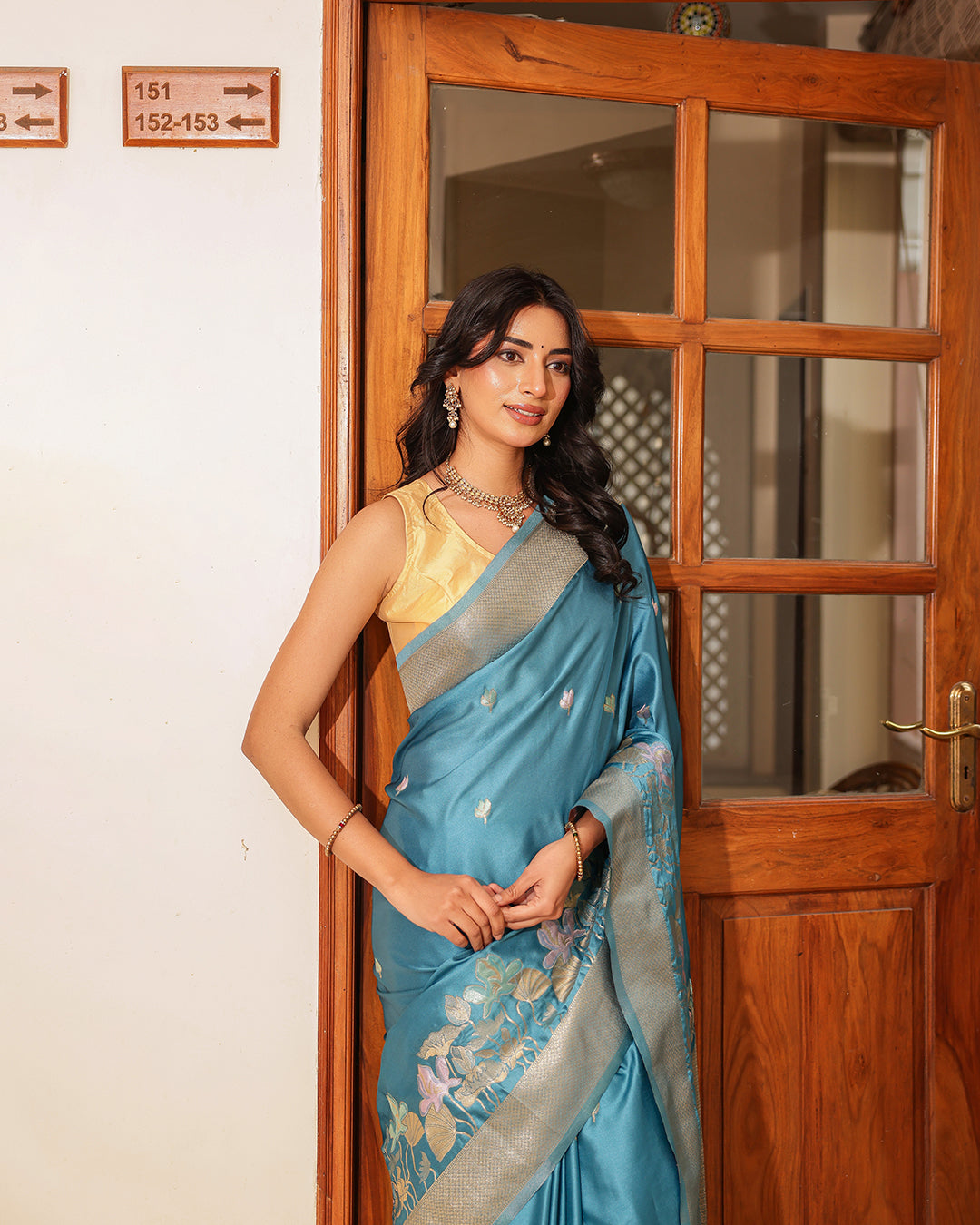 Steel Blue Birds Floral Silk Saree