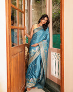 Steel Blue Birds Floral Silk Saree