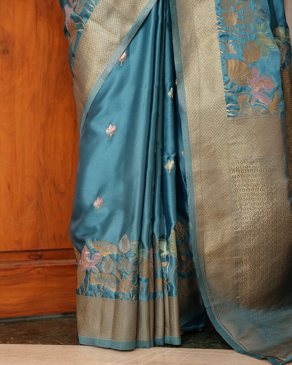 Steel Blue Birds Floral Silk Saree