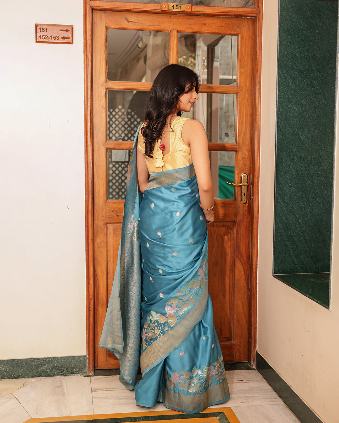 Steel Blue Birds Floral Silk Saree