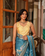 Steel Blue Birds Floral Silk Saree