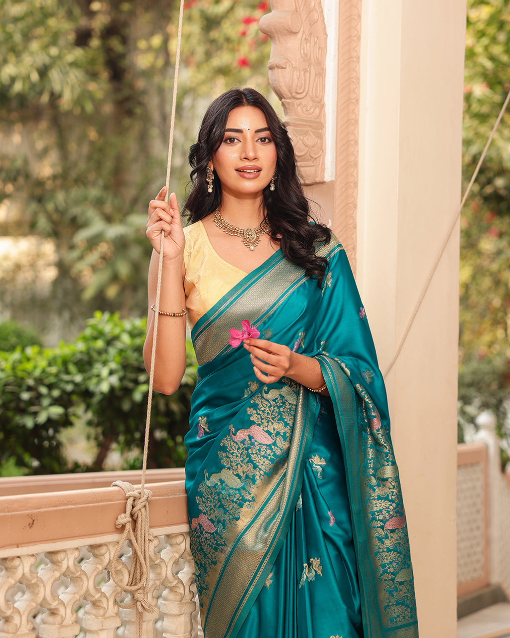 Teal Blue Peacock Border Silk Saree