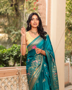 Teal Blue Peacock Border Silk Saree