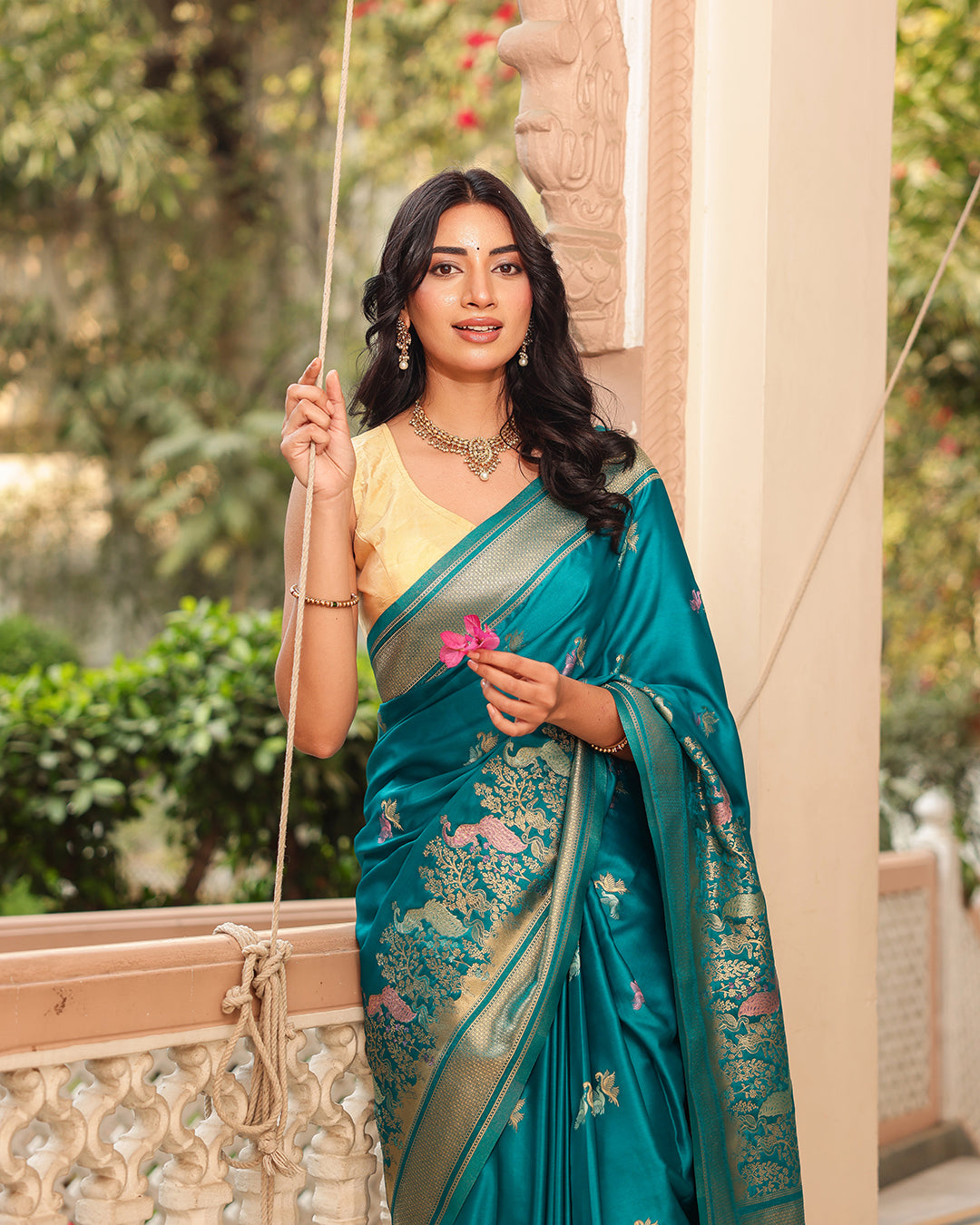 Teal Blue Peacock Border Silk Saree