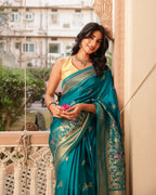 Teal Blue Peacock Border Silk Saree