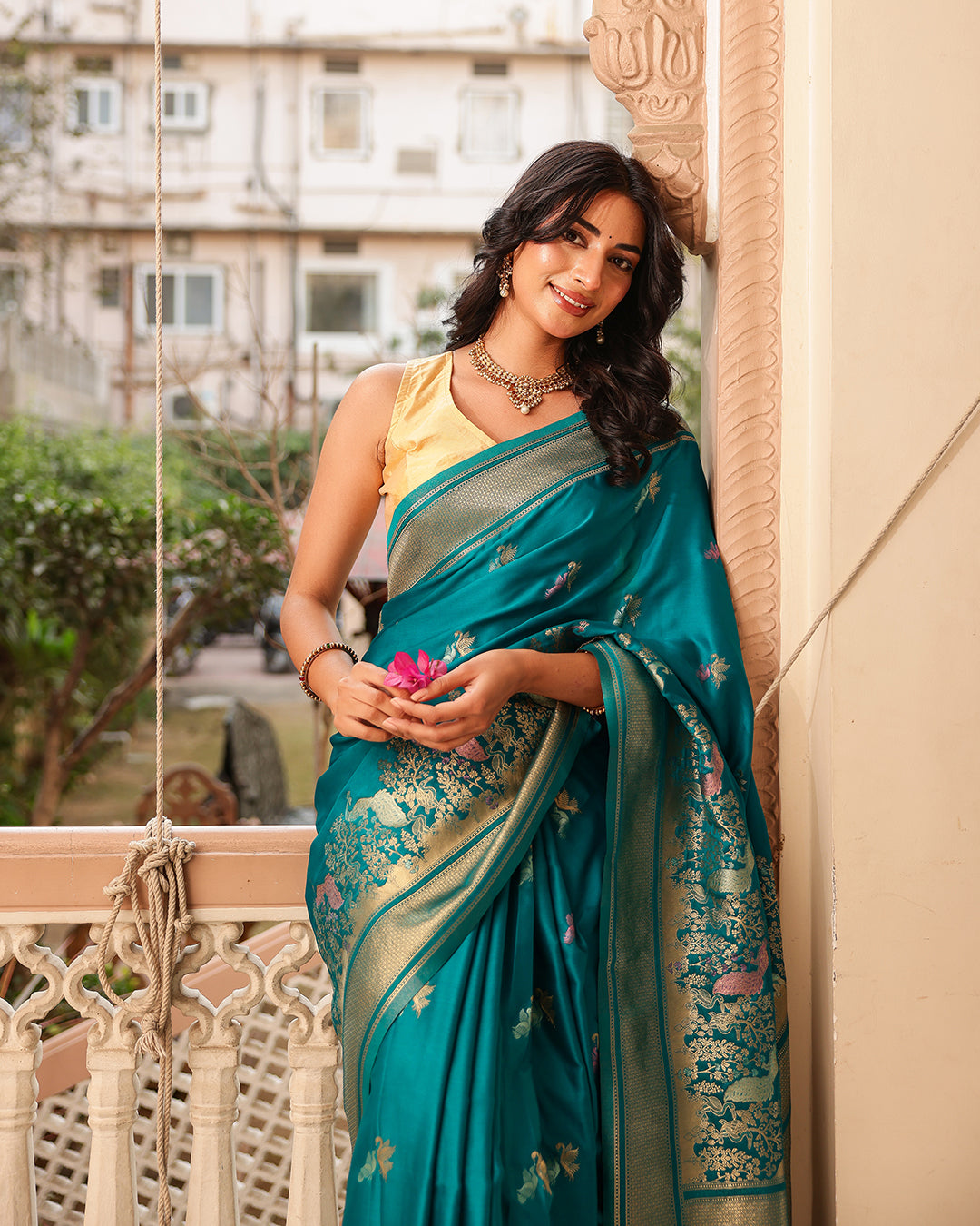 Teal Blue Peacock Border Silk Saree