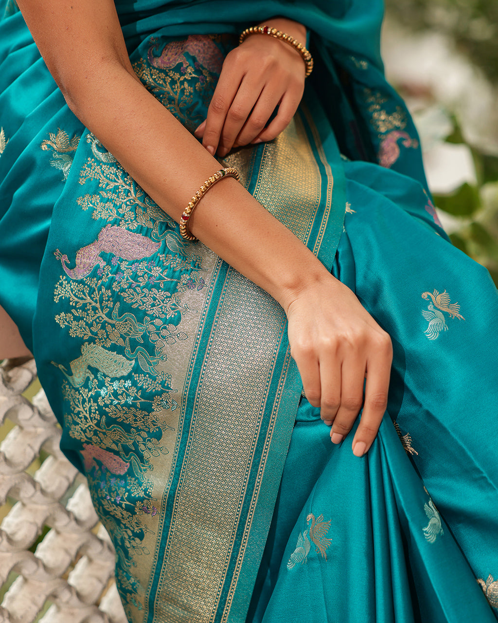Teal Blue Peacock Border Silk Saree