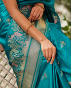 Teal Blue Peacock Border Silk Saree