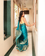 Teal Blue Peacock Border Silk Saree