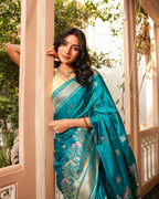 Teal Blue Peacock Border Silk Saree