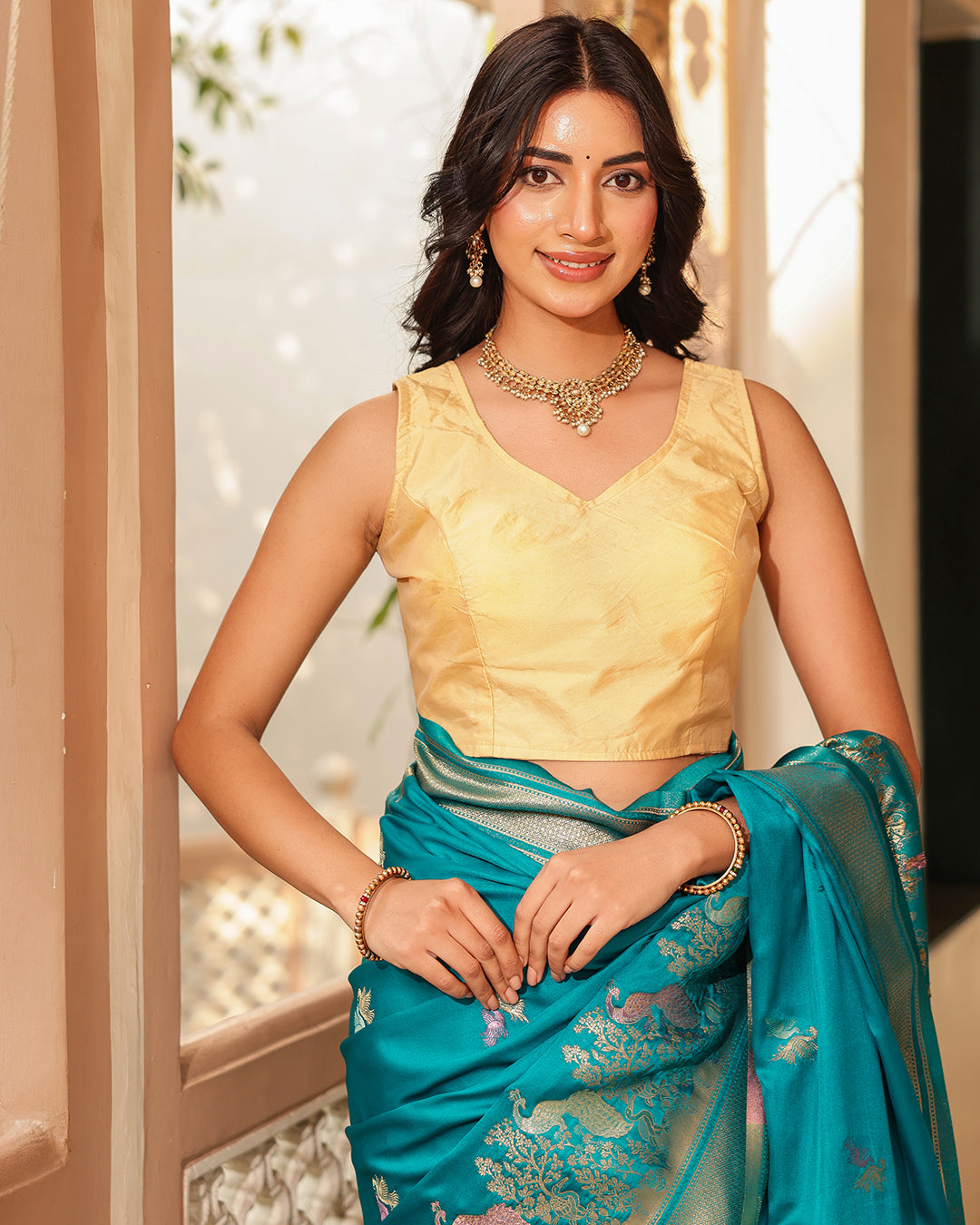 Teal Blue Peacock Border Silk Saree