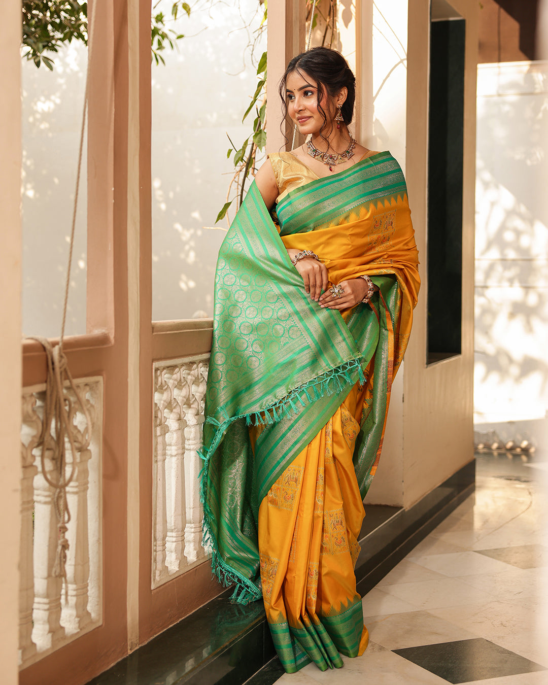 Yellow Green Patola Silk Saree