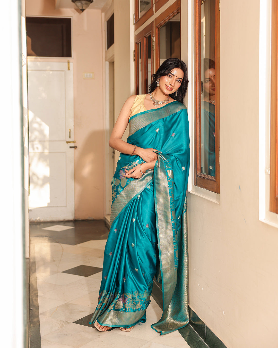 Peacock Teal Blue Floral Silk Saree