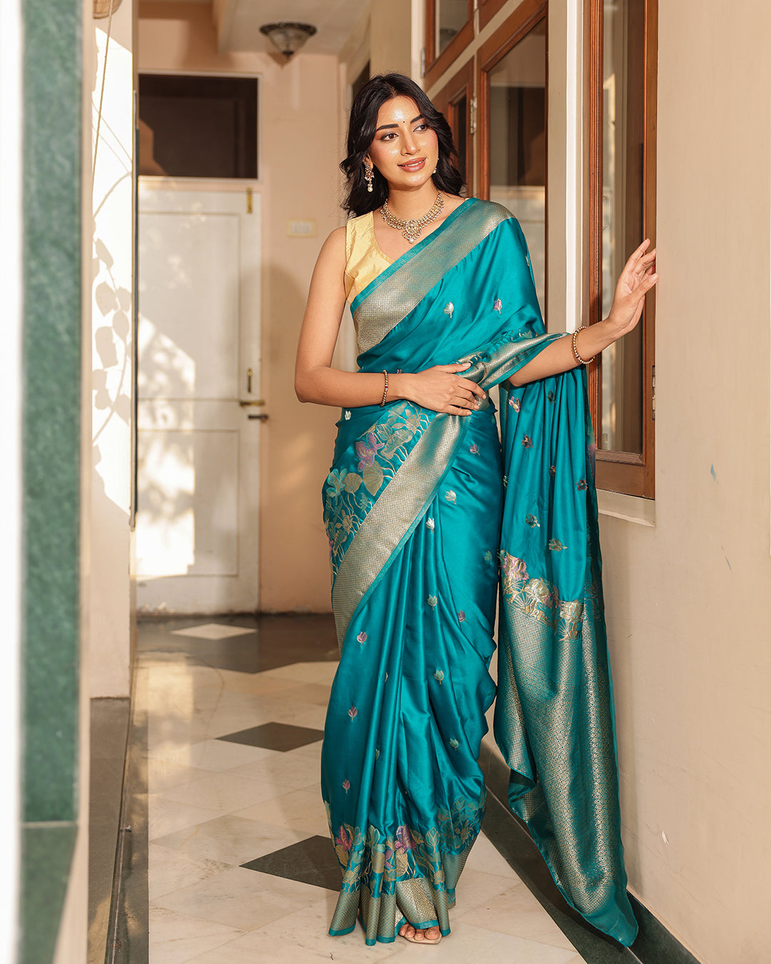 Peacock Teal Blue Floral Silk Saree