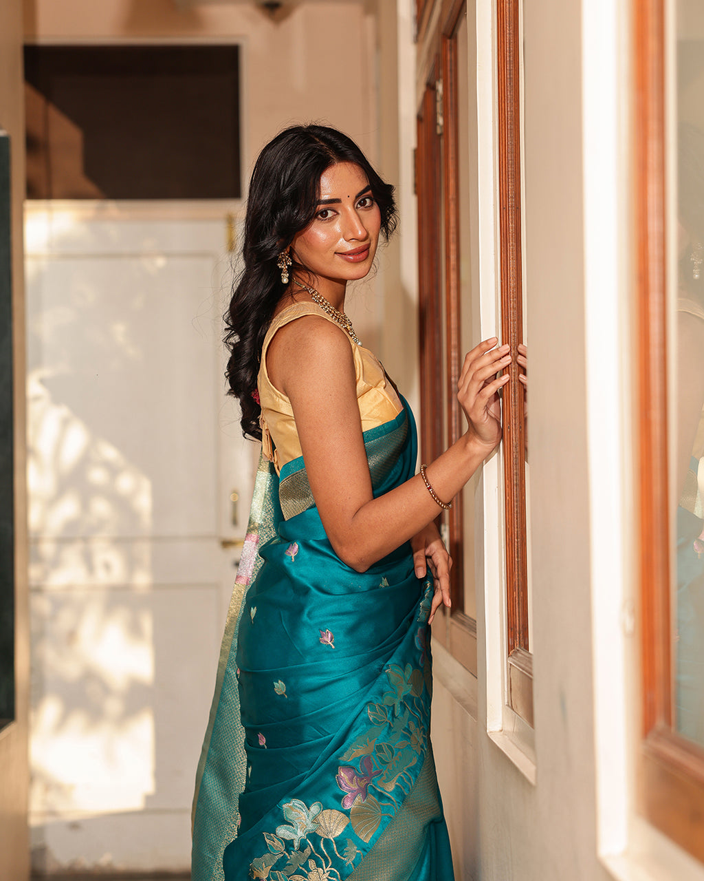 Peacock Teal Blue Floral Silk Saree