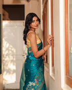 Peacock Teal Blue Floral Silk Saree