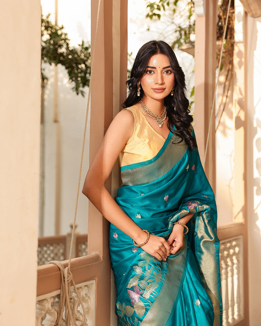 Peacock Teal Blue Floral Silk Saree