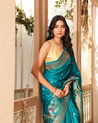 Peacock Teal Blue Floral Silk Saree