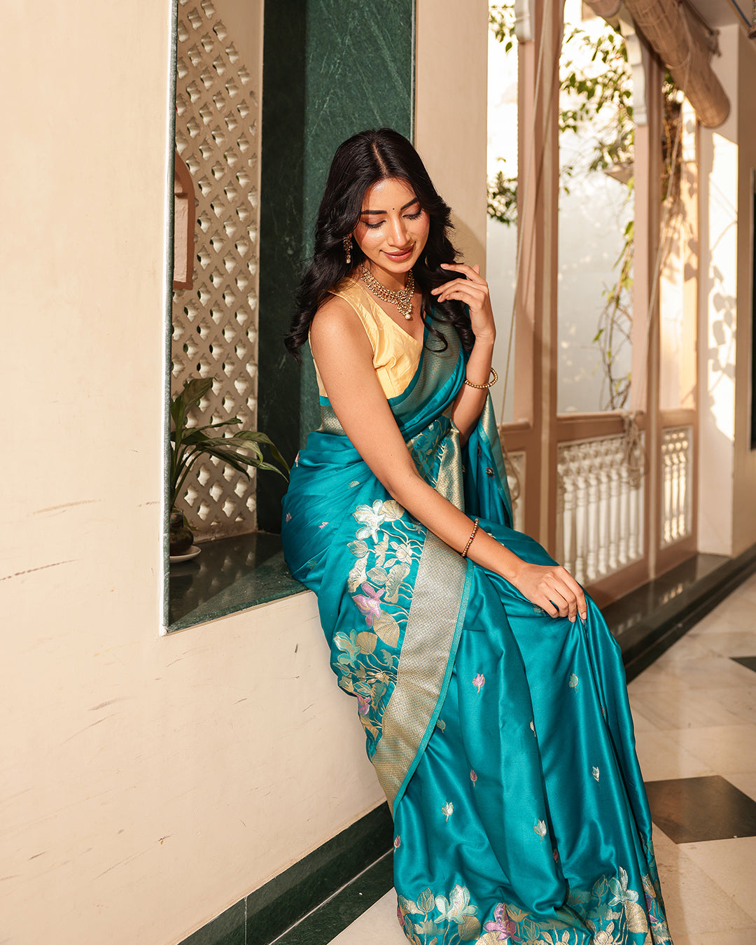 Peacock Teal Blue Floral Silk Saree