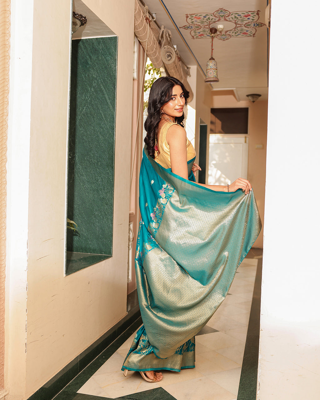 Peacock Teal Blue Floral Silk Saree