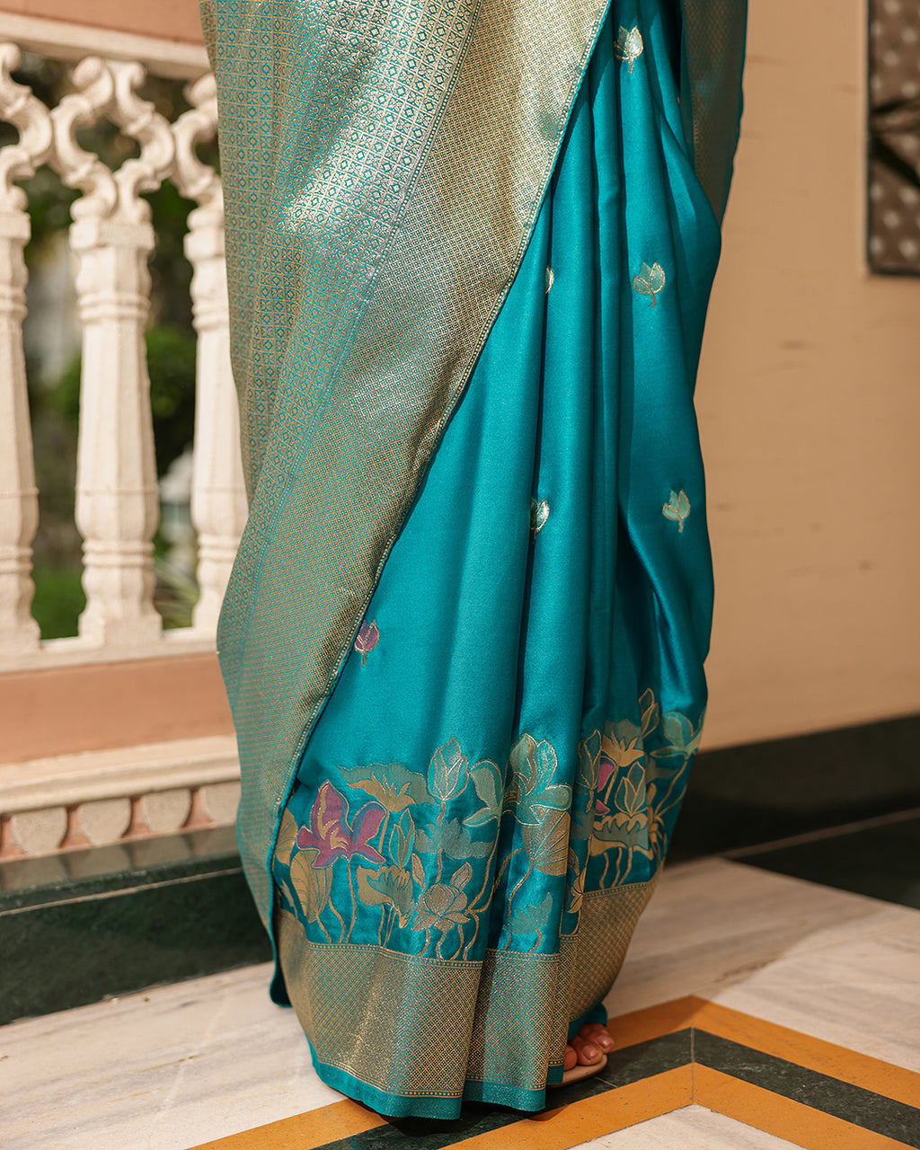 Peacock Teal Blue Floral Silk Saree