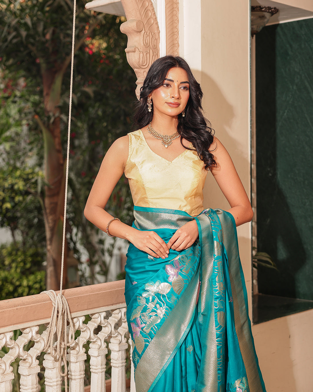 Peacock Teal Blue Floral Silk Saree