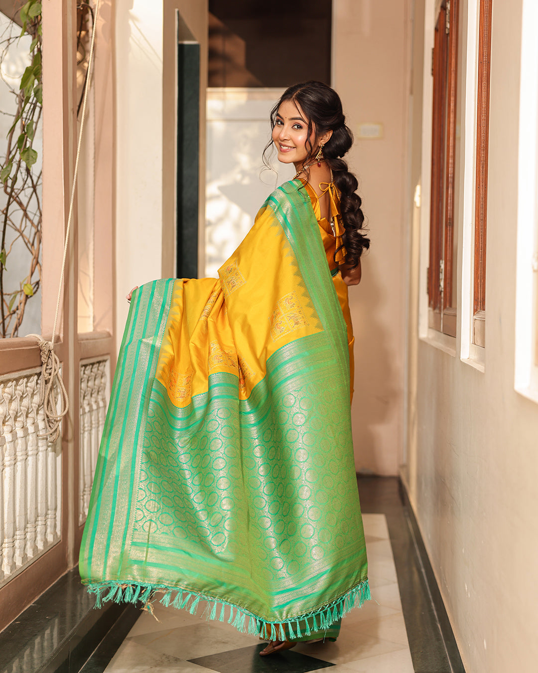 Yellow Green Patola Silk Saree