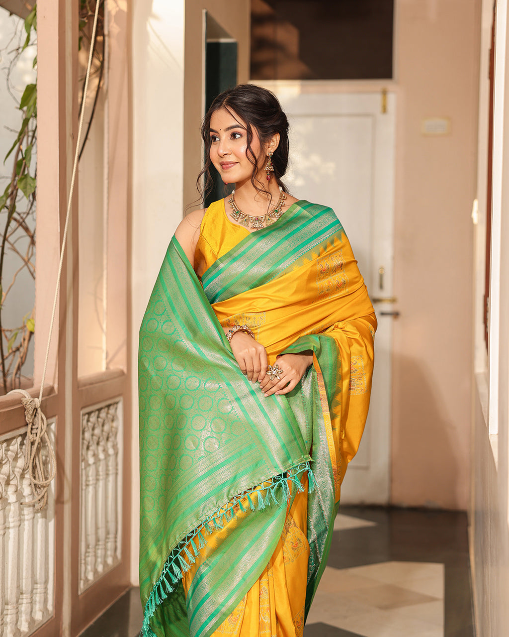 Yellow Green Patola Silk Saree