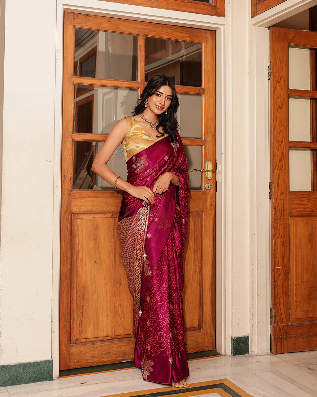 Deep Purple Dola Silk Bandhani Saree