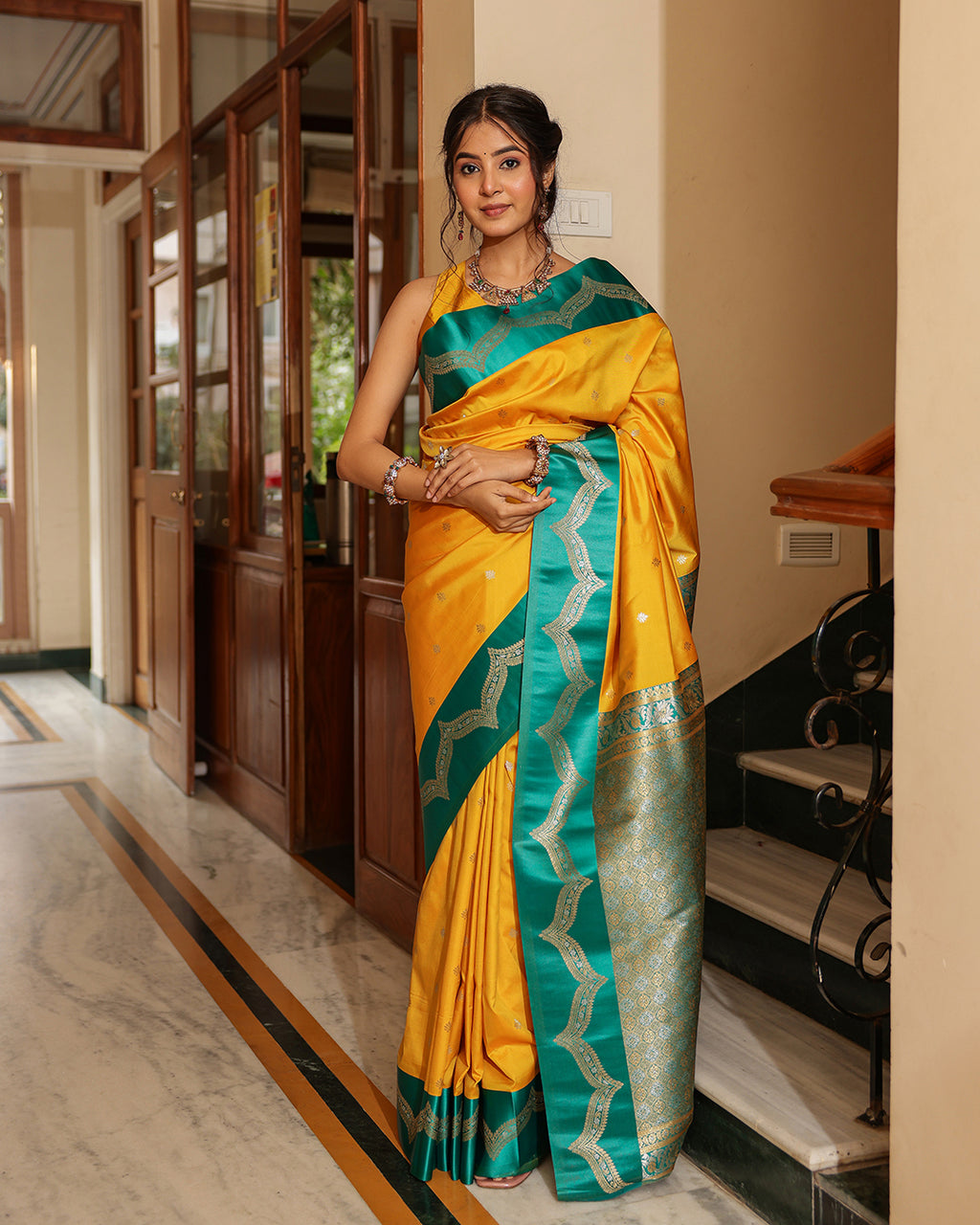 Sunshine Yellow Emerald Border Silk Saree