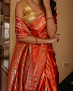 Rust Orange Dola Silk Animal Motif Saree