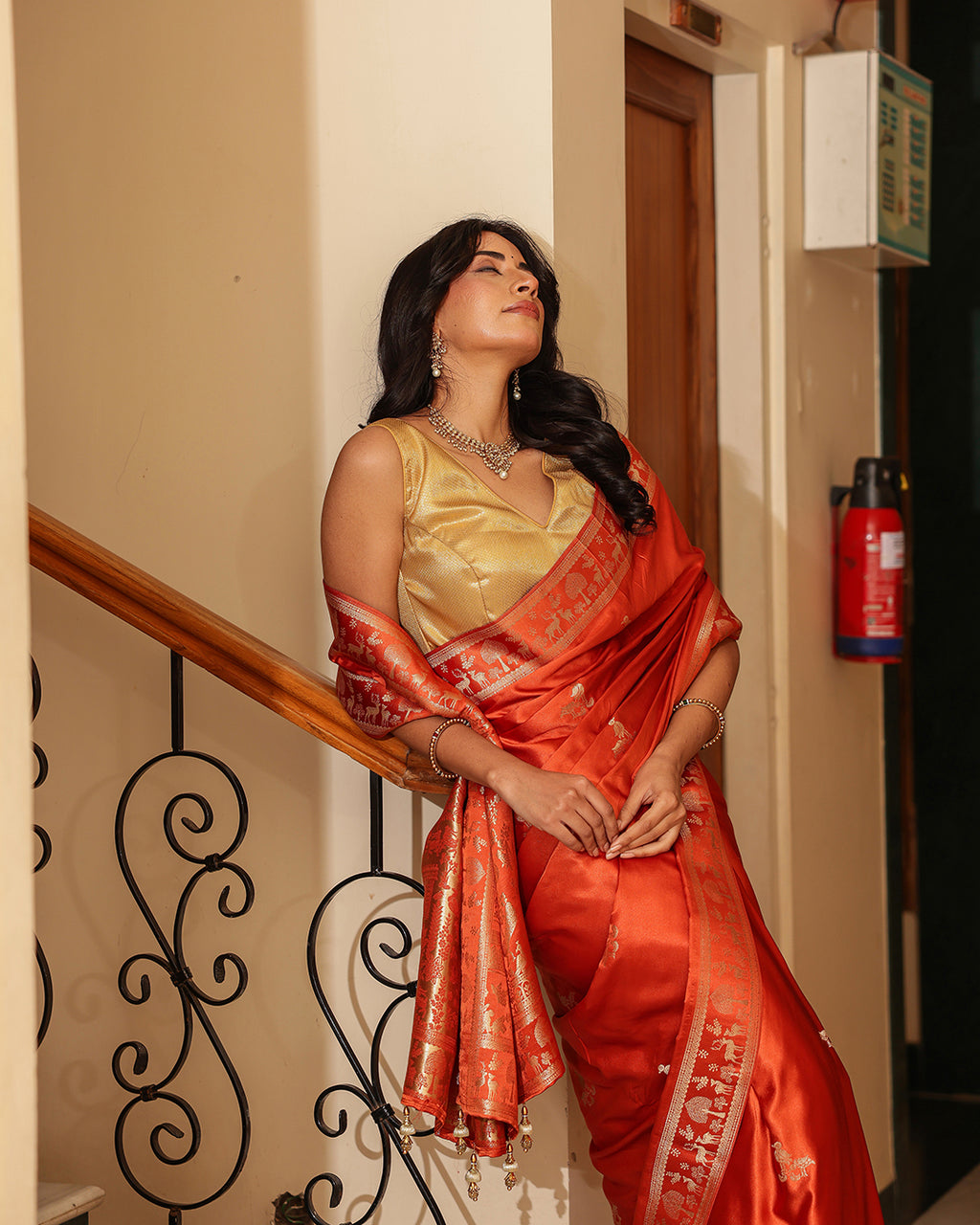 Rust Orange Dola Silk Animal Motif Saree