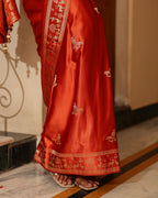 Rust Orange Dola Silk Animal Motif Saree