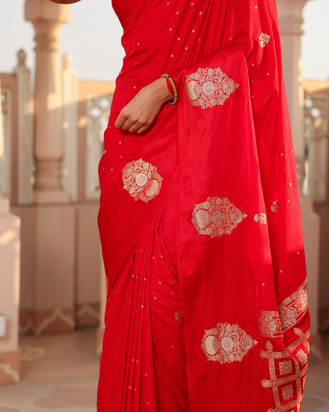 Cherry Red Check Pallu Silk Saree