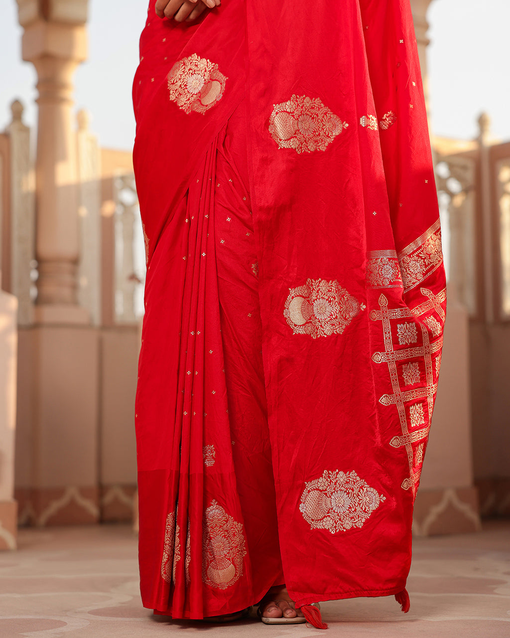 Cherry Red Check Pallu Silk Saree
