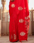 Cherry Red Check Pallu Silk Saree
