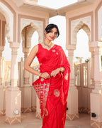 Cherry Red Check Pallu Silk Saree