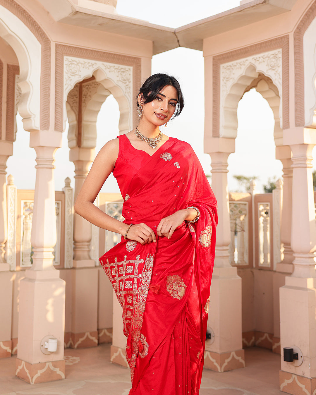 Cherry Red Check Pallu Silk Saree