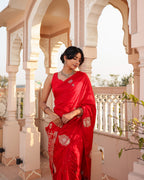 Cherry Red Check Pallu Silk Saree