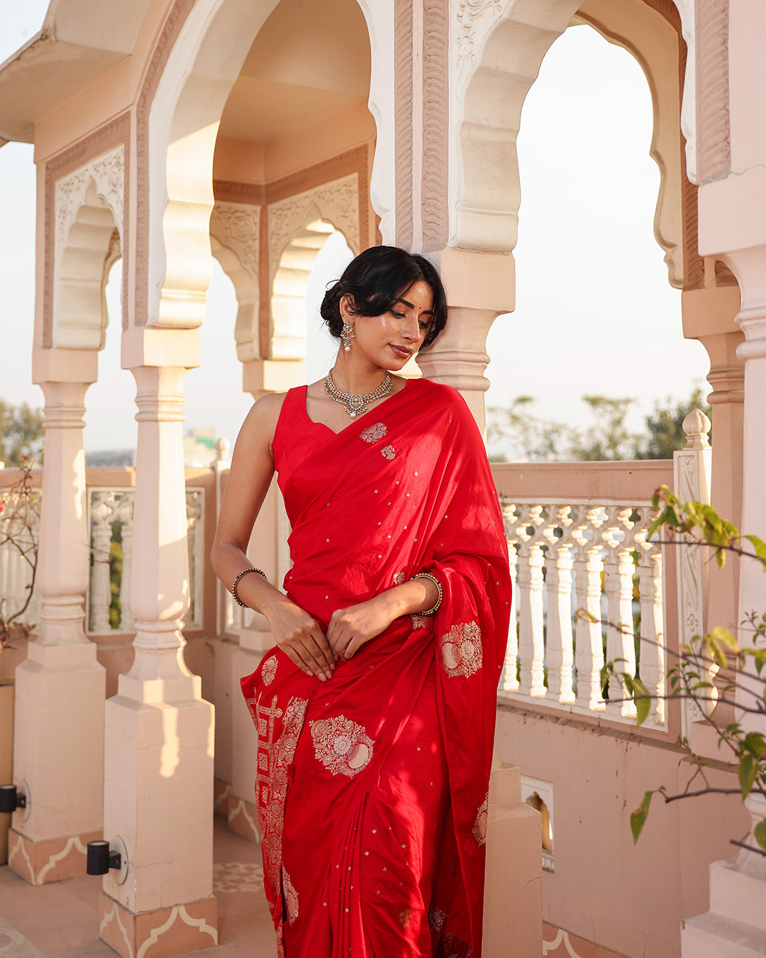 Cherry Red Check Pallu Silk Saree