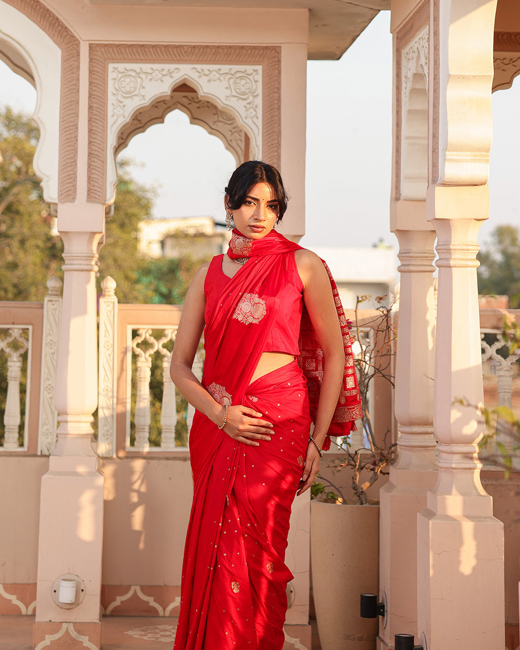 Cherry Red Check Pallu Silk Saree