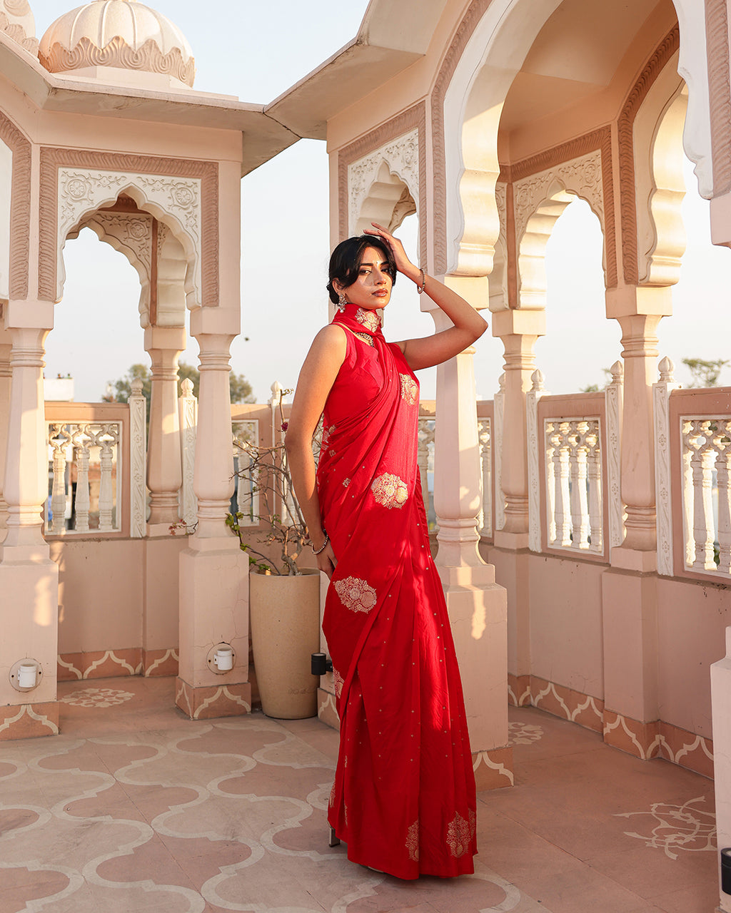 Cherry Red Check Pallu Silk Saree