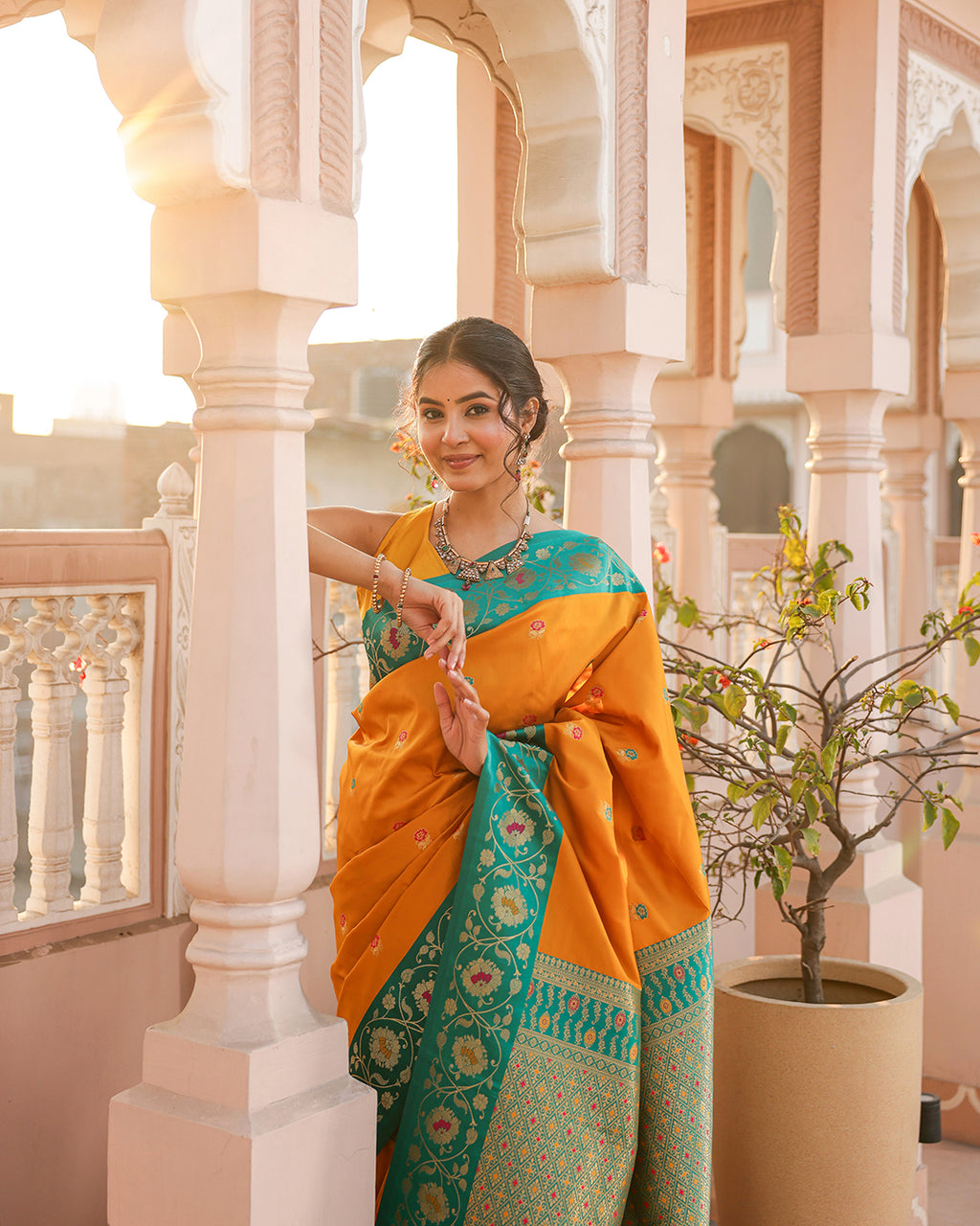 Yellow Minakari Silk Saree
