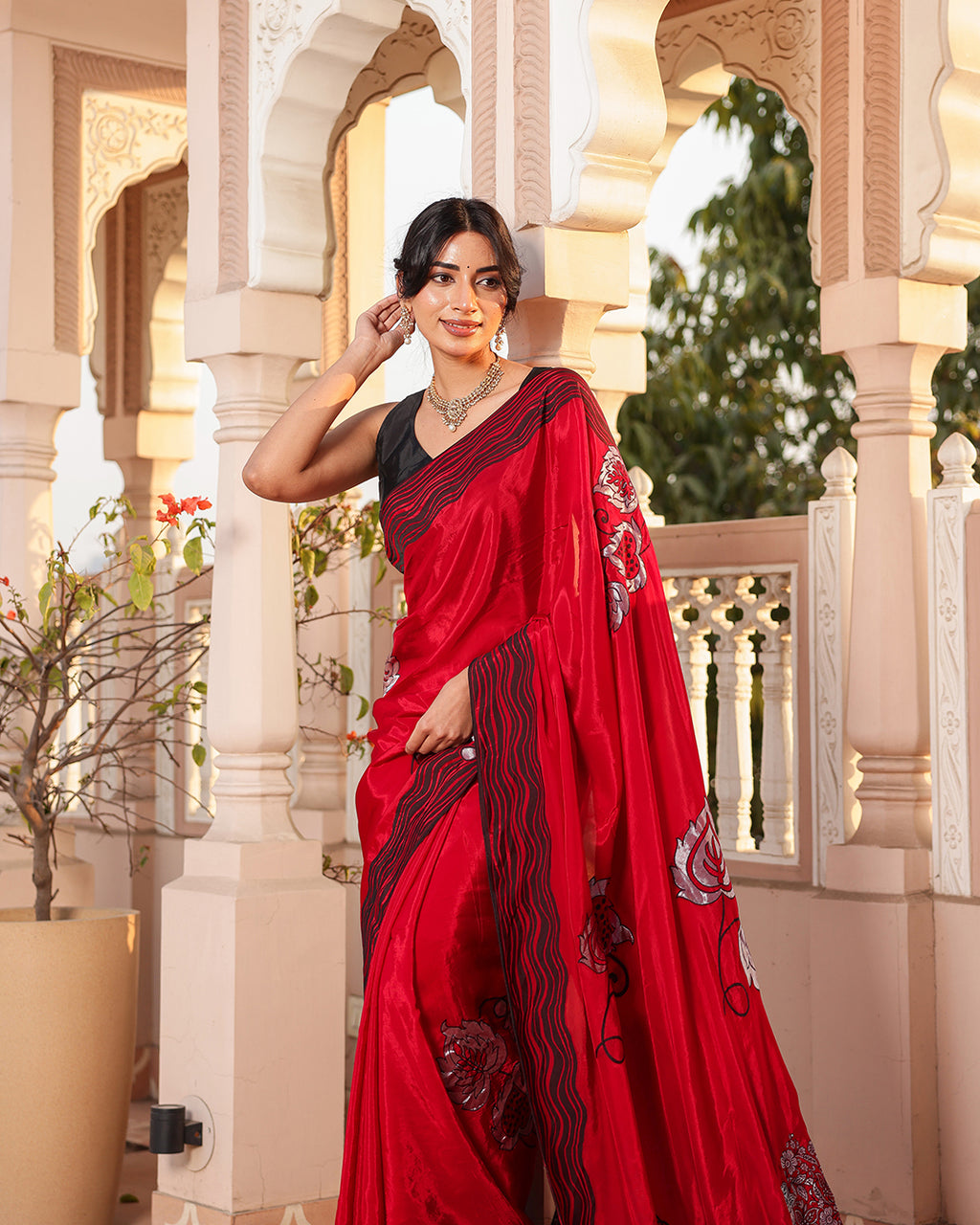 Red Black Thread Work Crepe Saree