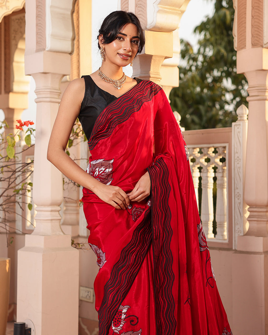 Red Black Thread Work Crepe Saree