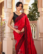 Red Black Thread Work Crepe Saree