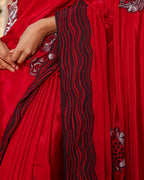 Red Black Thread Work Crepe Saree