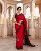Red Black Thread Work Crepe Saree
