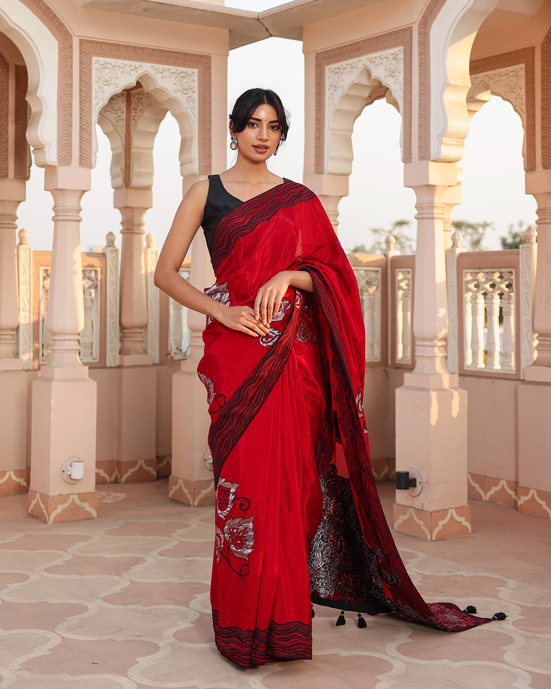 Red Black Thread Work Crepe Saree