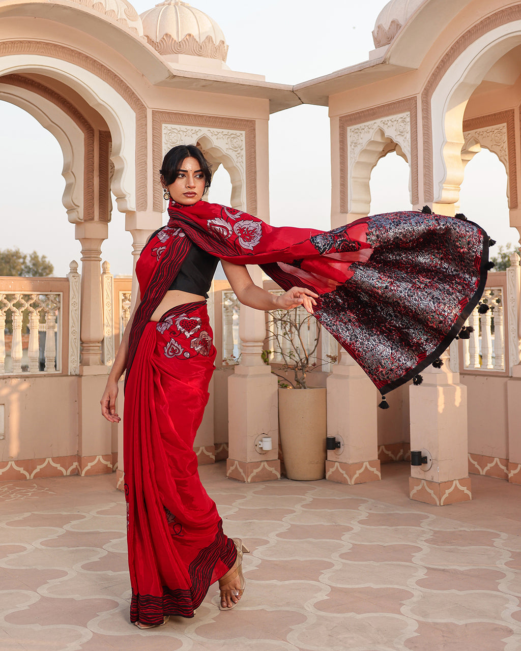 Red Black Thread Work Crepe Saree